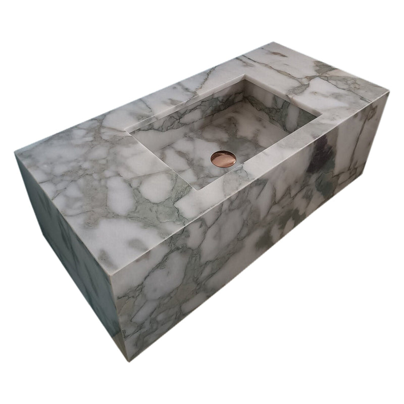 Calacatta Verde Marble Rectangular Wall-mount Bathroom Sink with 10" Backsplash (W)16" (L)34" (H)12" angle view