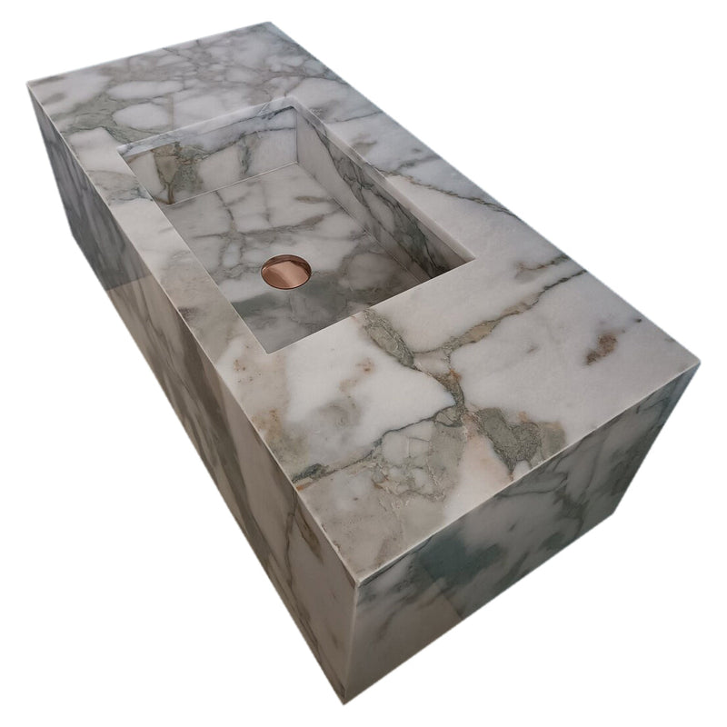 Calacatta Verde Marble Rectangular Wall-mount Bathroom Sink without backsplash angle view