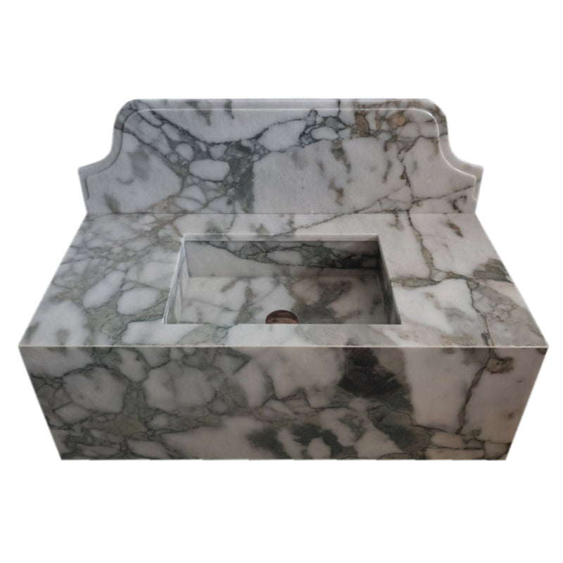 Calacatta Verde Marble Rectangular Wall-mount Bathroom Sink with 10" Backsplash (W)16" (L)34" (H)12" angle view