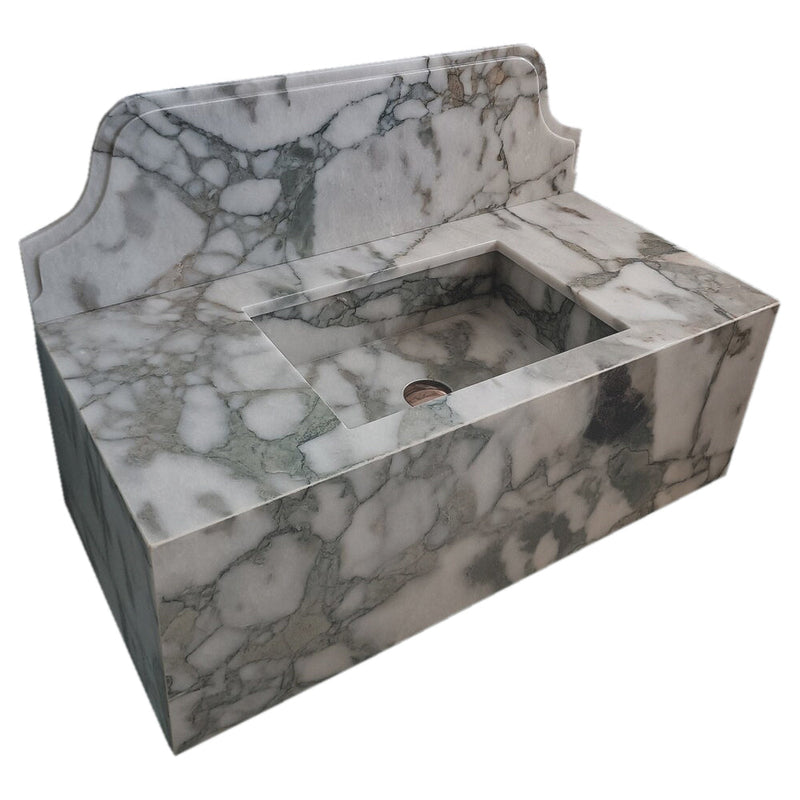 Calacatta Verde Marble Rectangular Wall-mount Bathroom Sink with 10" Backsplash (W)16" (L)34" (H)12" corner view