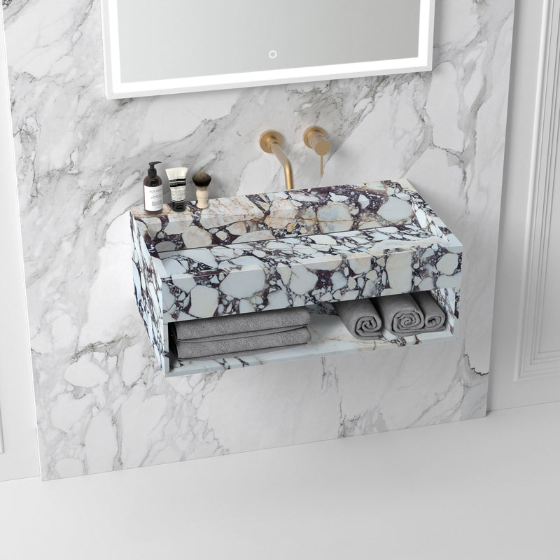 Calacatta Viola Marble Wall-mount Bathroom Sink Hidden Drain with Storage marble backsplash 