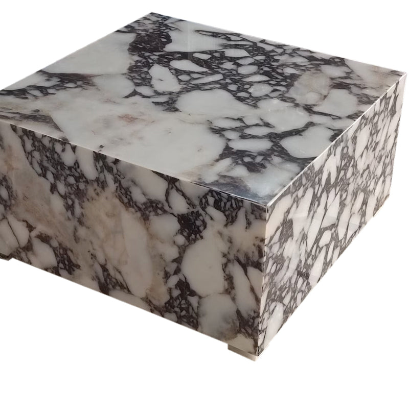 Calacatta Viola Marble Rectangular Prism Block Design Coffee Table (W)24" (L)24" (H)12" angle closeup