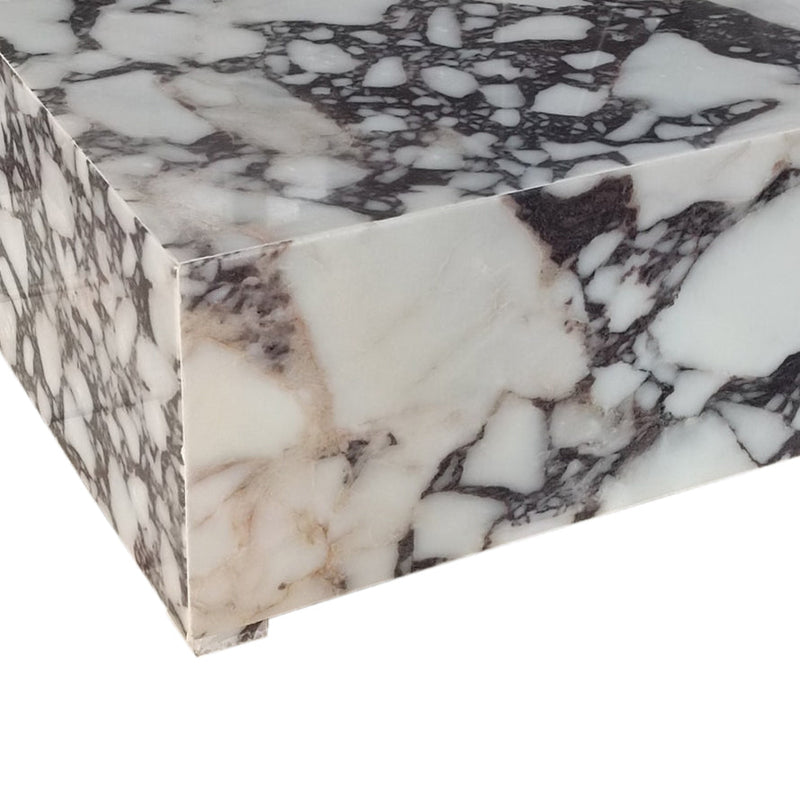 Calacatta Viola Marble Rectangular Prism Block Design Coffee Table (W)24" (L)24" (H)12" profile closeup view