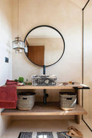 Calacatta Viola Marble Wall-Mount Square Fluted Bathroom Sink (W)16" (L)16" (H)6" bathroom view installed above wooden vanity black faucet wide view