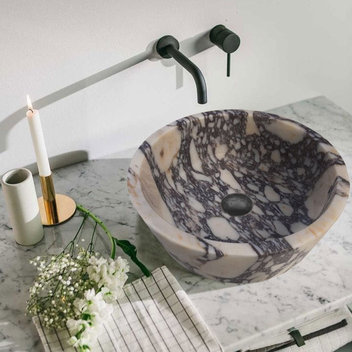 Calacatta Viola Marble Tapered Above Vanity Bathroom Sink Honed/Matte (D)16" (H)6"  installed above marble vanity top bathroom black wall mount faucet wide view