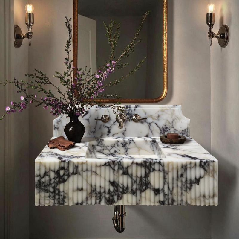 Calacatta Viola Marble Wall-mount Bathroom Vanity Sink Fluted Front (W)21" (L)37" (H)12" installed bathroom black base on top and brass wall mount faucet wide view