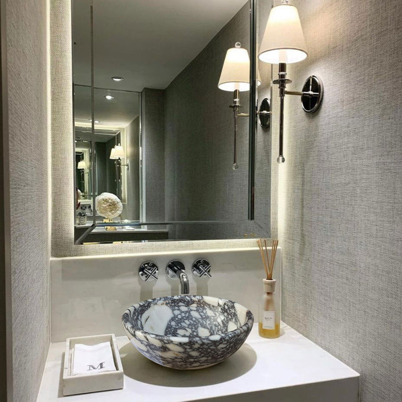 calacatta viola round vessel sink 16 inch polished installed bathroom above -vanity led lit rectangular mirror wall mount chrome faucet bamboo bathroom scent hand towel inside wooden box