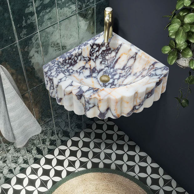 Calacatta Viola Marble Wall-mount Bathroom Corner Vanity Sink Ribbed (W)20" (L)20" (H)7" installed bathroom green ceramic wall tiles