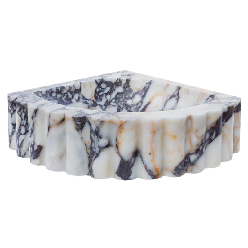 Calacatta Viola Marble Wall-mount Bathroom Corner Vanity Sink Ribbed (W)20" (L)20" (H)7" side front view