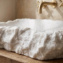Carrara Marble Rustic Natural Stone Vessel Sink Polished Interior Hand Chiseled Exterior (W)16" (L)22" (H)5"
