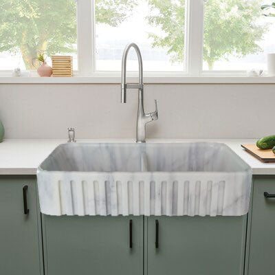 Carrara White Marble Farmhouse Apron Kitchen Double Sink (W)18" (L)36" (H)8" kitchen view