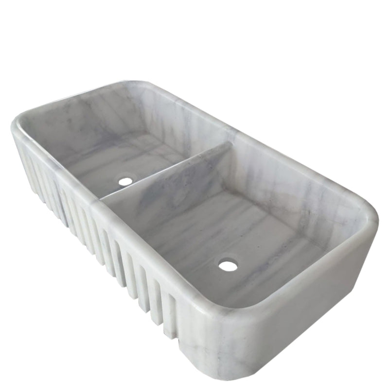 Carrara White Marble Farmhouse Apron Kitchen Double Sink (W)18" (L)36" (H)8" angle view