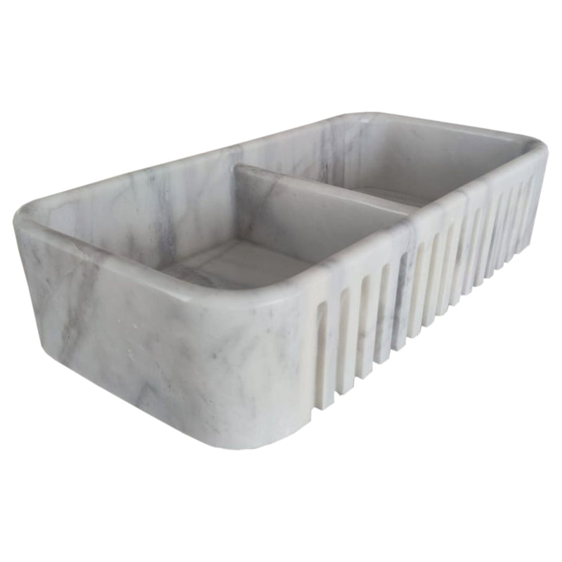 Carrara White Marble Farmhouse Apron Kitchen Double Sink (W)18" (L)36" (H)8" profile view