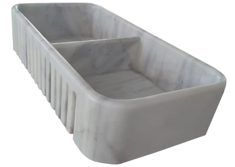 Carrara White Marble Farmhouse Apron Kitchen Double Sink (W)18" (L)36" (H)8" profile view