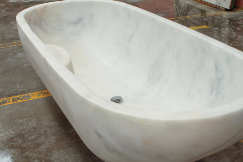 Bianco Carrara White Marble Bathtub Hand-carved from Solid Marble Block (W)30" (L)70" (H)20" closeup view