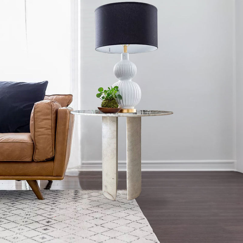 Carrara White Marble End/Side Table with Marble Legs Polished (D)14" (H)22" brown couch dark blue lampshade dark blue pillows