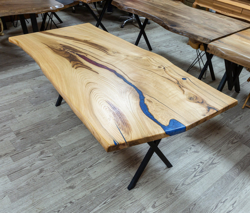 chestnut living edge dining table 38x75x29.5 Natural finish cut from one tree angle view