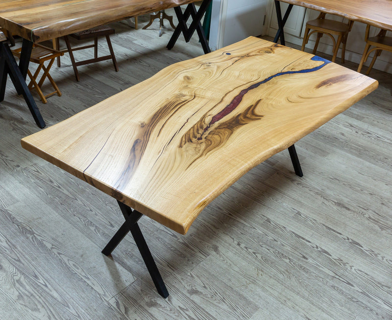 chestnut living edge dining table 38x75x29.5 Natural finish cut from one tree angle view