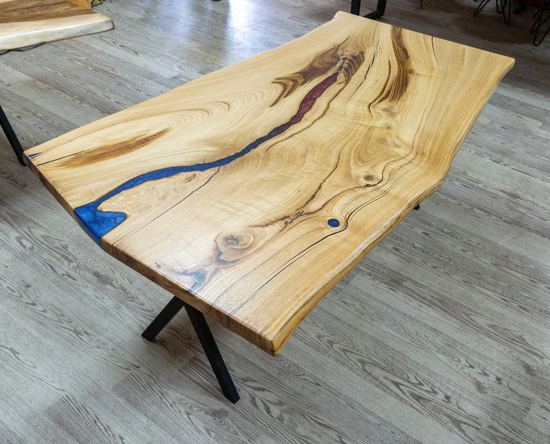 chestnut living edge dining table 38x75x29.5 Natural finish cut from one tree angle view