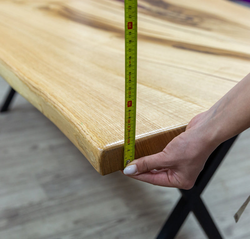 chestnut living edge dining table 38x75x29.5 Natural finish cut from one tree thickness measure view