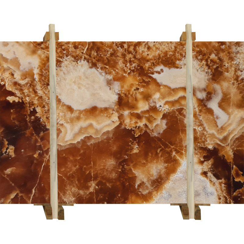 cola honey transluscent onyx slabs polished 2cm product shot wooden bundle front view