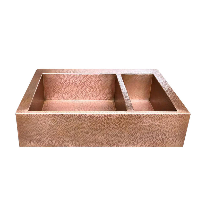 Double-Bowl Hammered Copper farmhouse sink - Small Bowl Right -Solara