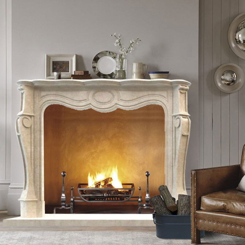 crema marfil marble fireplace mantel tarditional polished MEGFP01 installed on living room leather sofa square-view