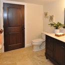 denizli beige travertine tile 18x18 Honed Filled 10071420 bathroom with white toilet and countertop