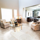 french vanilla cream harmony marble tile 24x24 honed MTFVCH24x24P installed on living room floor with white grouts