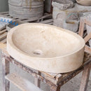 Oval Beige Travertine Vessel Bathroom Sink Handcrafted Light Stone