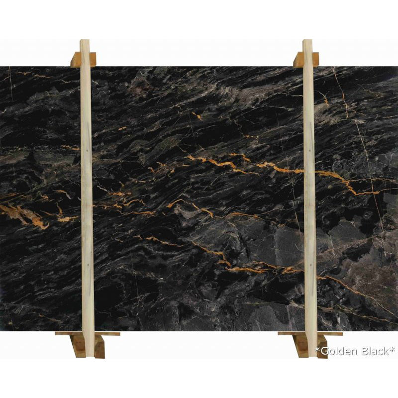 golden black marble slabs polished 2cm wooden slab front view