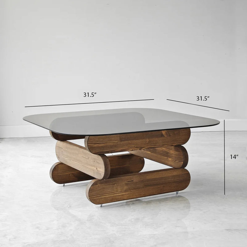 Jenga Walnut Coffee Table Tempered Bronze Tint Glass (W)31.5" (L)31.5" (H)14" product shot dimensions 