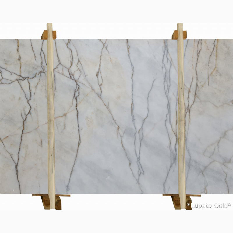 lupato gold white marble slabs polished 2cm slabs packed on wooden bundle front view