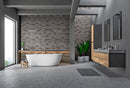 manufactured stone brick veneer loft smoke handmade B09SM 317904 installed on modern bathroom wall bathtub wide view