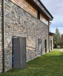 manufactured stone veneer ashlar pattern masso ash handmade S01AS 101195 installed facade exterior forest houses storage area