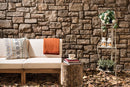 manufactured stone veneer ashlar pattern masso coffee handmade S01CF 101194 installed outside patio wall white furniture autumn leaves on floor