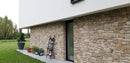 manufactured stone veneer ashlar pattern masso sand handmade S01SN 101193 installed outside wall plants wide