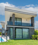 manufactured stone veneer slate look Cappadocia anthracite handmade S03TH 101208 installed facade modern swimming pool