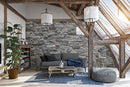 manufactured stone veneer slate look grand canyon ash handmade S12AS 101247 installed on living room wall pallet coffee table gray couch