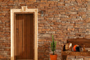 manufactured stone veneer slate look Sierra coffee handmade S05CF 101218 installed outside building wooden door wooden bench