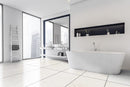 mayra white limestone 24x48 installed on modern bathroom floor
