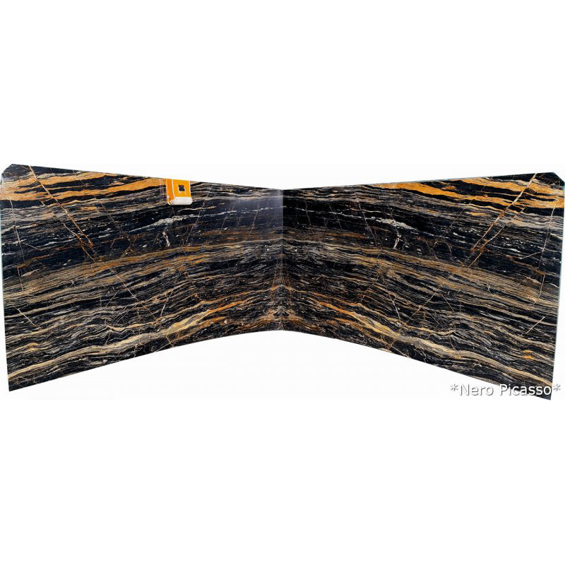 nero picasso black marble slabs polished 2cm bookmatching 2 slabs front view