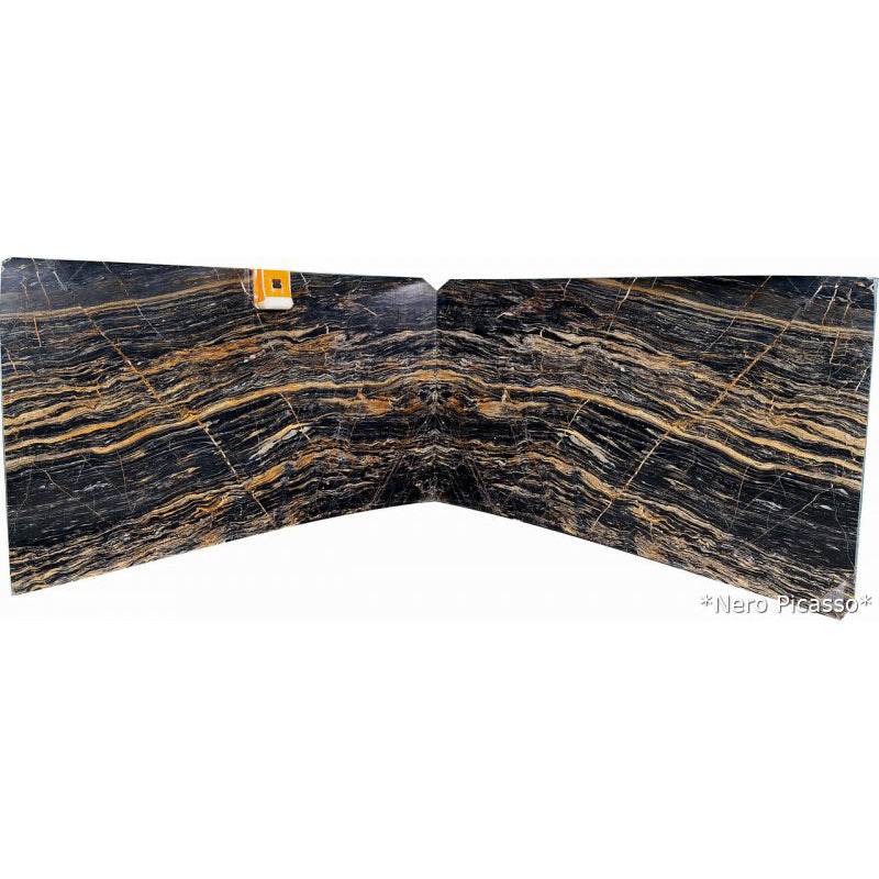 nero picasso black marble slabs polished 2cm bookmatching 2 slabs front view