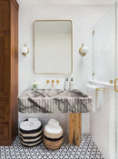 New York Marble Wall-mount Bathroom Sink Ribbed Textured (W)14" (W)24" (H)6" installed bathroom ceramic sisal bags and baskets underneath the sink wide view