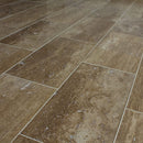 Noce Travetine Vein Cut 12x24 Filled Polished 10080933 Angle grouted closeup
