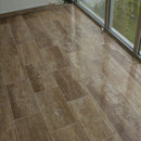 Noce Travetine Vein Cut 12x24 Filled Polished 10080933 Angle grouted