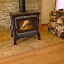 Oasis Gold travertine tile 18x18 10074413 Honed Filled fireplace next to woods