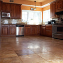 Oasis Gold travertine tile 18x18 10074413 Honed Filled kitchen with cherry colored cabinets