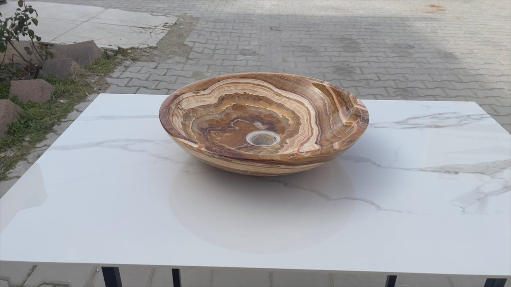 Brown onyx translucent vessel sink polished EGEBOXPF164 D16 H4 360 view