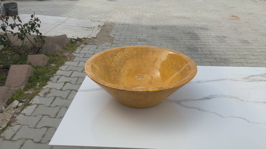 Golden Sienna Travertine vessel sink V-shape tapered EGEGSTPO165 D16 H6 360 view